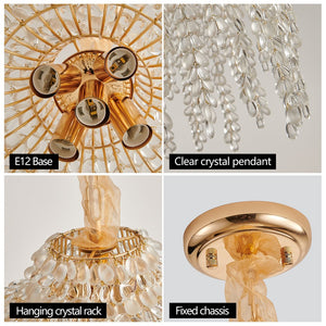 English Elm 16 5-Light Crystal Pendant Chandelier Gold Finish, Waterfall Grape Bead Design, Adjustable 80cm Height for Living Room W2312P368719