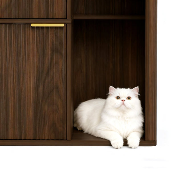 English Elm 31.5-inch Grooved Wood Cat Litter Cabinet with Integrated Tree Mid-century Pet Furniture Walnut W1162P407684