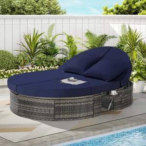 English Elm Outdoor Round Pe Rattan Daybed with Reclining Backrest and Built in Cup Trays Dark Blue W874S00081