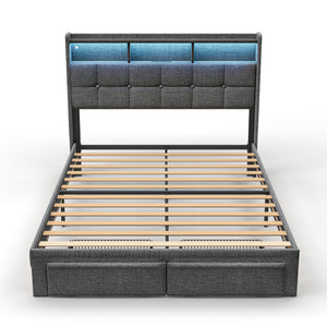 English Elm Queen LED Bed Frame with Linen Headboard, 2 Drawers, Fast Charging Ports, Remote RGB Nightlight W1550P190362