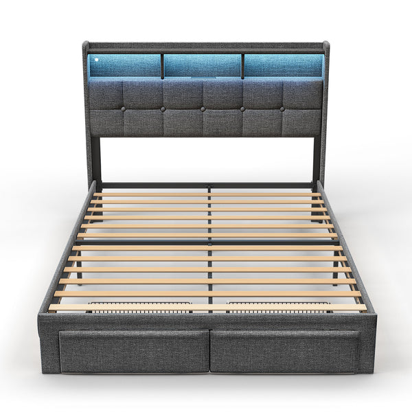English Elm Queen LED Bed Frame with Linen Headboard, 2 Drawers, Fast Charging Ports, Remote RGB Nightlight W1550P190362