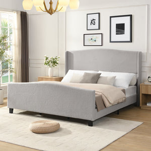 English Elm King Platform Bed Tall Upholstered Teddy Velvet Headboard Boutique Hotel Bedroom Style W1716P419749