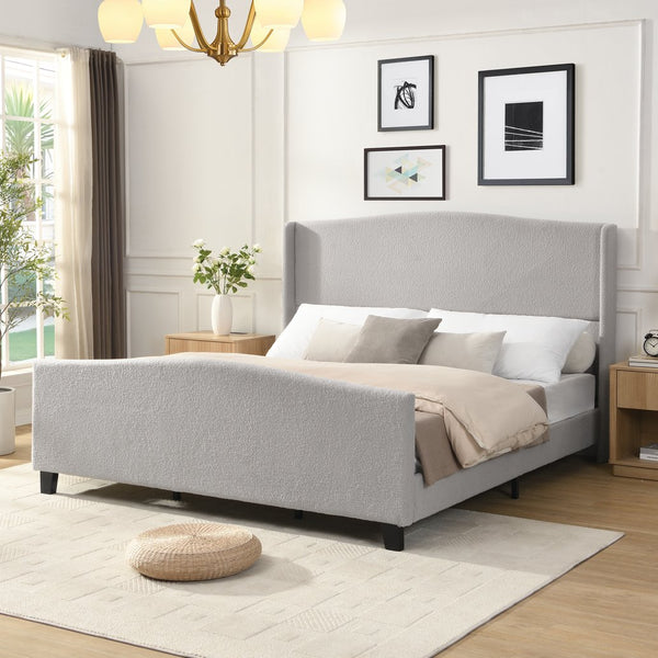 English Elm King Platform Bed Tall Upholstered Teddy Velvet Headboard Boutique Hotel Bedroom Style W1716P419749