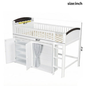 English Elm Twin Loft Bed with Wardrobe Cabinet Led Lighting and Pine Frame for Kids Rooms White N7090002235K