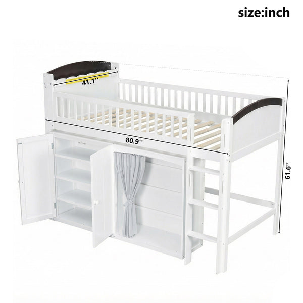 English Elm Twin Loft Bed with Wardrobe Cabinet Led Lighting and Pine Frame for Kids Rooms White N7090002235K