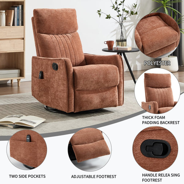 English Elm Blue Fabric Swivel Rocker Recliner with Massage Heat Nodes for Living Room Comfort Orange W1803P321821