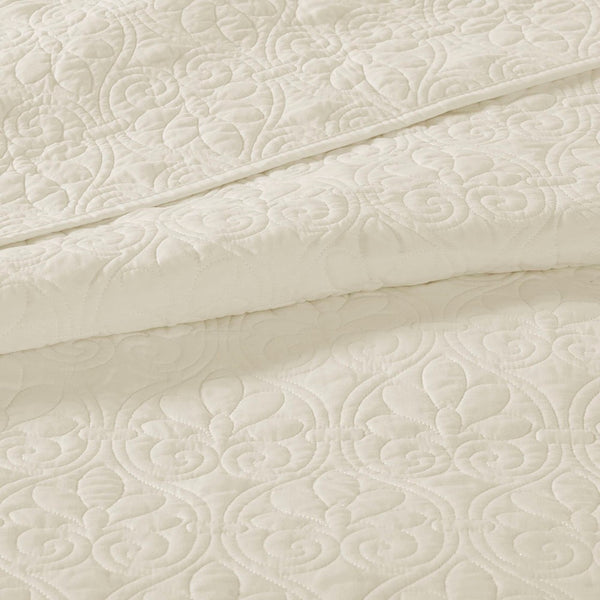 English Elm Reversible Madison Park Quebec Quilt Set Full/Queen Cream — Cottage Stitch Texture, Prewashed Cotton Fill, Antimicrobial Protection B03597398