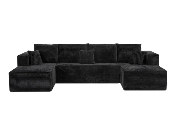 English Elm 133.86" Cloud Modular U-shaped Sectional Ribbed Corded Fabric Deep Seat Living Room Sofa Black W668S00009