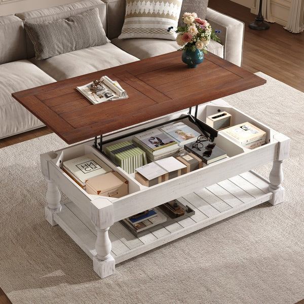 English Elm Farmhouse Coffee Table Solid Planked Wood with Open Shelf Square Baluster Living Room Antique Espresso,Antique White W1445P362858