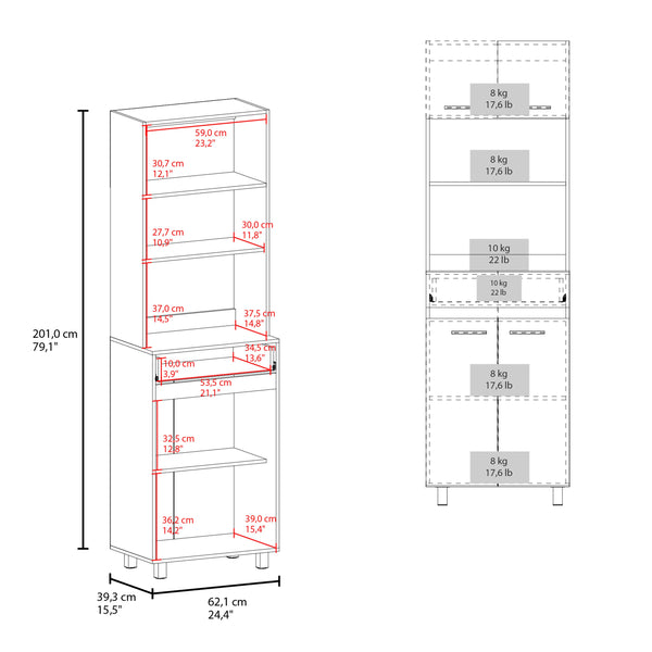 English Elm White Tall Pantry Cabinet with Four Doors and a Drawer for Kitchen Organization B062P461070