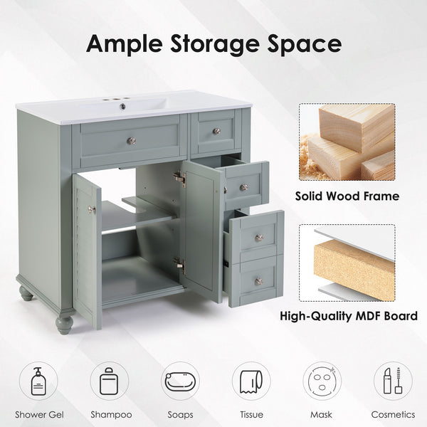 English Elm 36" Modern Grey Bathroom Vanity with Ceramic Sink, Solid Wood Frame, Soft-Close Drawers, Organizer Storage Blue+Grey W2896P344088