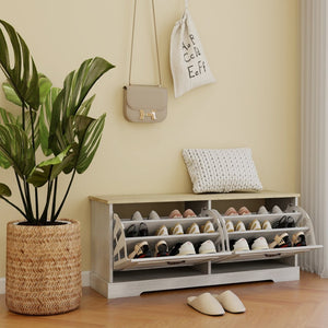 English Elm Shoe Storage Bench With Elegant Antique White Finish, 2 Flip Drawers & Adjustable Shelf For Versatility W1120P290636-GIGA