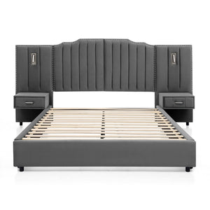 English Elm Queen Velvet Platform Bed with Tufted Headboard Integrated Nightstands and Striped Design Gray W487S00443