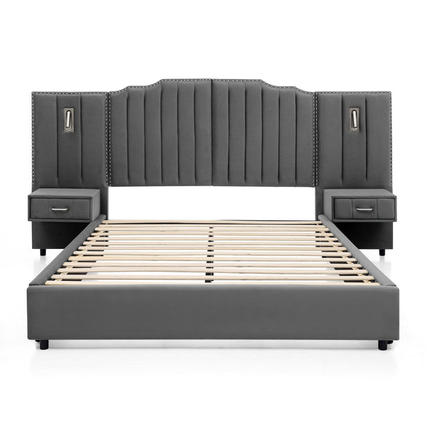 English Elm Queen Velvet Platform Bed with Tufted Headboard Integrated Nightstands and Striped Design Gray W487S00443