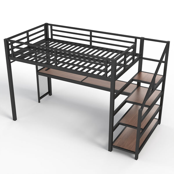 English Elm Twin Xl Metal Loft Bed with Stair Storage Shelves Sturdy Steel Frame for Dorms W1580S00481
