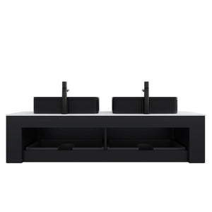 English Elm Dina 60 Inch Floating Bathroom Vanity Sintered Stone Top Dual Glass Basins Wood Grain Black,Carrara White W2615S00186