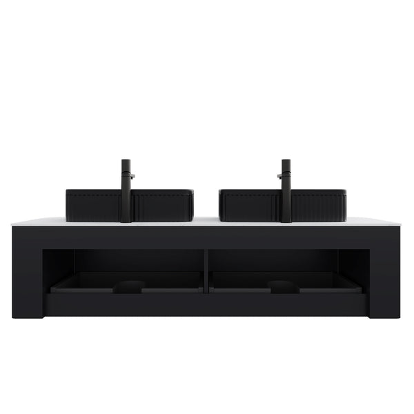 English Elm Dina 60 Inch Floating Bathroom Vanity Sintered Stone Top Dual Glass Basins Wood Grain Black,Carrara White W2615S00186