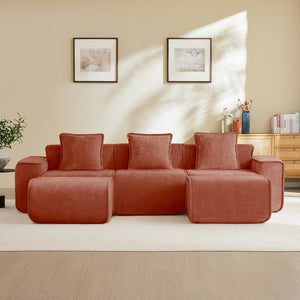 English Elm Streamlined Velvet U-shape Modular Sectional Sofa with Ottomans French Piping Cloud Foam Red W3041S00360