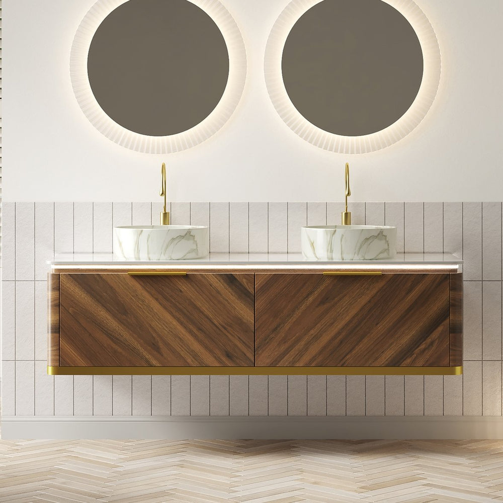 English Elm Dipa 60" Floating Bathroom Vanity Set With Dual Ceramic Sinks, Sintered Stone Top & Led Lighting W2615S00486