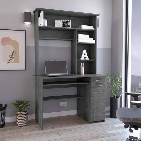 English Elm Compu Engineered Wood Hutch Desk with Keyboard Tray, CPU Door Panel, Five Shelves & Drawer Smoke Grey 35 L x 24 W x 5 H B097S00146