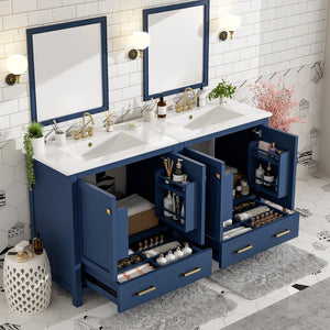 English Elm 60" Blue Double Vanity with Ceramic Sinks, Solid Wood Frame, Divided Drawers & Soft-Close Doors N729P000001C
