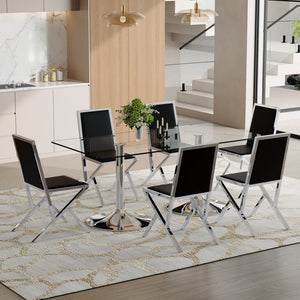 English Elm Table and Chair Set Oval Glass Top Gold Base with 8 Shell Pu Dining Chairs Black+Silver W1151S04767