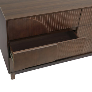 English Elm Modern Fluted 6 Drawer Dresser with Solid Wood Legs Japandi Chest for Bedroom Dark Brown N739S0000015D