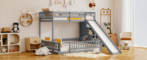 English Elm Twin Over Full Bunk Bed Solid Pine Frame with Built-in Slide and Storage Staircase Grey W504S00289