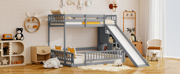 English Elm Twin Over Full Bunk Bed Solid Pine Frame with Built-in Slide and Storage Staircase Grey W504S00289