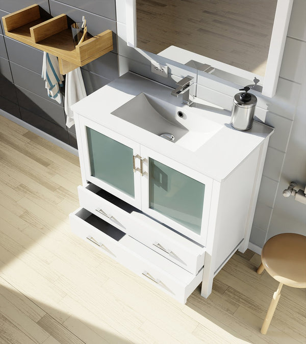 English Elm White 36 in. Bathroom Vanity with Scratch-Resistant White Ceramic Top, Chrome Faucet & 34" Mirror B2731S01288