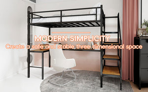 English Elm Loft Bed with L-shaped Desk Stair Storage and Full Guardrail Iron Frame Black W1935S00007
