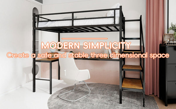 English Elm Loft Bed with L-shaped Desk Stair Storage and Full Guardrail Iron Frame Black W1935S00007