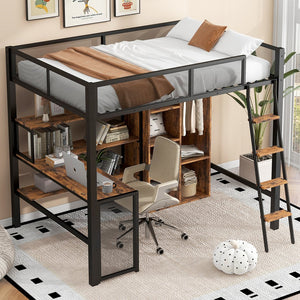 English Elm Full Full Size Metal Loft Bed with Built-In Desk, Wardrobe & Shelves in Black — Space-Saving, Sturdy Design (Fits 6" Mattress) GX001134AAB
