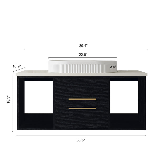 English Elm 39.4 Inch Floating Bathroom Vanity Sintered Stone Top Solid Wood 2 Soft Close Drawers W3136S00076
