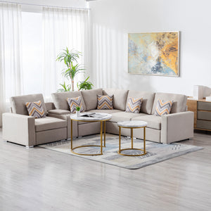 English Elm Nereo Six Piece Modular Sectional Linen Sofa with Built in Charging Console B2749S00125