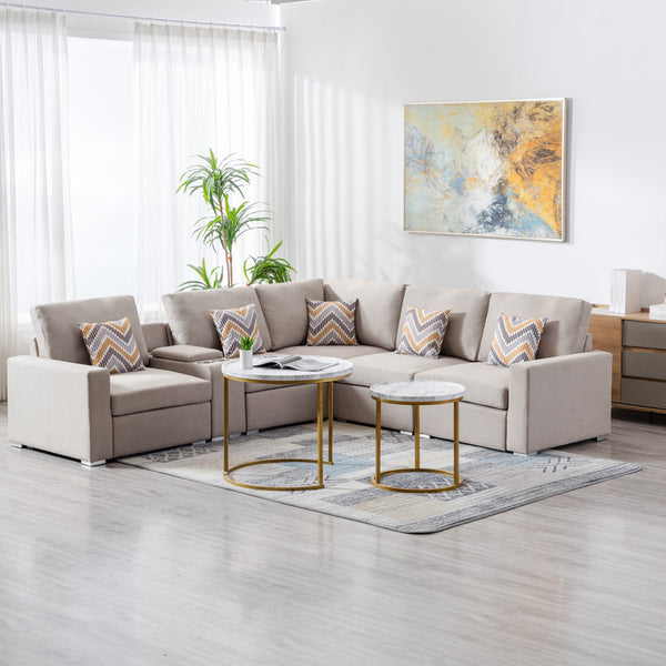 English Elm Nereo Six Piece Modular Sectional Linen Sofa with Built in Charging Console B2749S00125