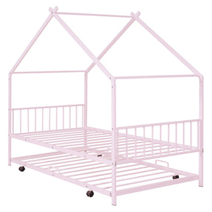 English Elm Twin House Metal Platform Bed with Trundle for Kids — Sturdy 350lb Capacity, Playful Loft Frame Design Pink MF323494AAH