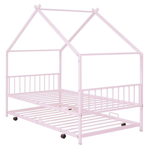 English Elm Twin House Metal Platform Bed with Trundle for Kids — Sturdy 350lb Capacity, Playful Loft Frame Design Pink MF323494AAH