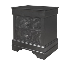 English Elm SHAKER Crocodile Textured Nightstand with Crystal Hardware, Solid Wood & MDF, Contemporary Tapered Legs Metallic Grey 29 L x 22 W x 22 H B201P215903