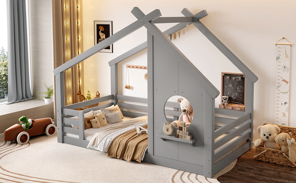 English Elm Twin House Floor Bed with Window & Shelf, Solid Wood Pitched Roof Design for Safe Cozy Sleep Grey W1580P362683