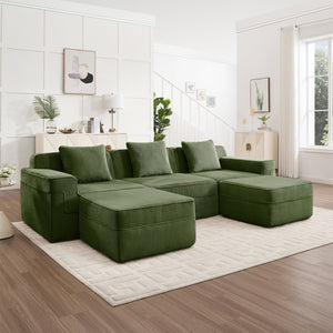 English Elm Modular U-Shape Sectional Sofa With Plush Corduroy Upholstery, Movable Ottomans & Cozy Pillows W3041S00333