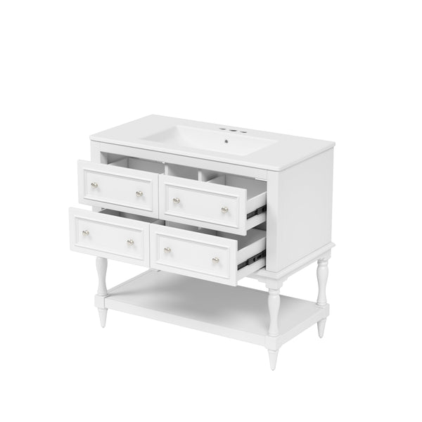 English Elm 36" Bathroom Vanity with Sink Combo, 36" Ceramic Undermount Basin, Solid Wood Frame, 4 Drawers, Waterproof Painted Finish White N710P250654K