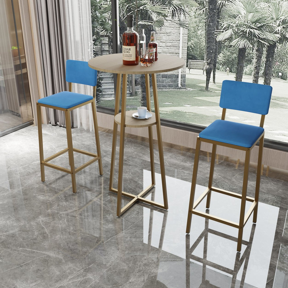 English Elm Bar Table and Chair Set Gold Frame Blue Velvet Cushions with Built-in Storage Shelf W3064P245389