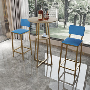 English Elm Bar Table and Chair Set Gold Frame Blue Velvet Cushions with Built-in Storage Shelf W3064P245389