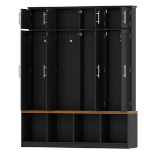English Elm Wood Entryway Hall Tree with Bench Seating Coat Hooks Shoe Cubbies Cabinet Black W5271S00003