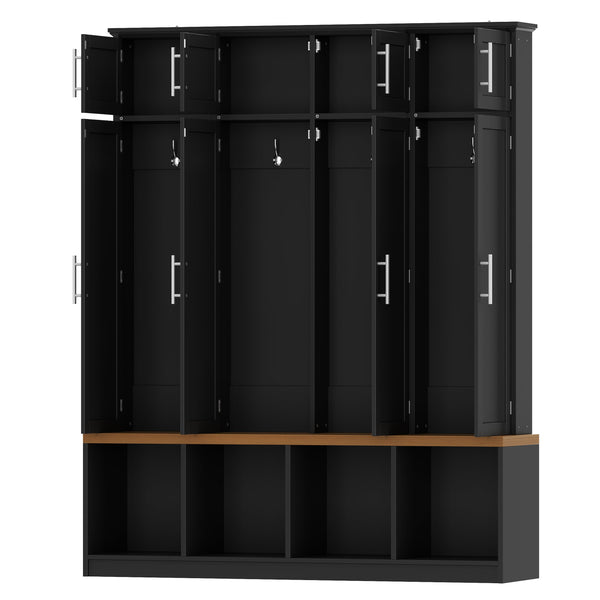 English Elm Wood Entryway Hall Tree with Bench Seating Coat Hooks Shoe Cubbies Cabinet Black W5271S00003
