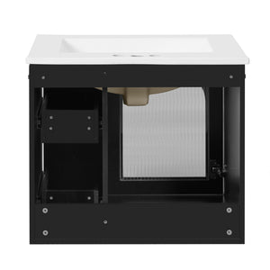 English Elm 24" Modern Wall-Mount Bathroom Vanity with Ceramic Sink, Glass Door Cabinet, 2 Drawers, Soft-Close Black N710P286704B