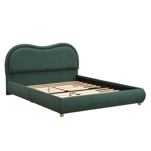 English Elm Queen Chenille Upholstered Curved Headboard Platform Bed with Oak Legs Solid Wood Slats W1716P428272