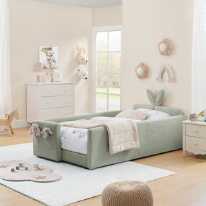 English Elm Twin Boucle Upholstered Kids Bed Whimsical Rabbit Ear Headboard with Safety Rail Cyan W1413P407489