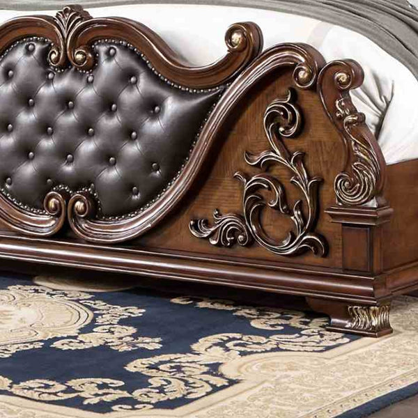 English Elm Luxurious Tufted Leatherette California King Bed Baroque Carved Wood Formal Bedroom B2741S00812